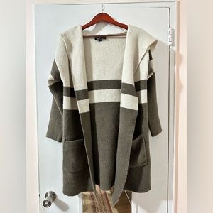 Grey/Taupe Striped Hooded Cardigan Sweater